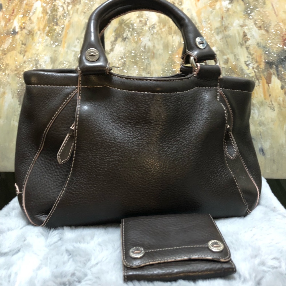 🌟RARE🌟COLE HAAN Vintage leather handbag, brown with pale pink striping - Picture 2 of 15